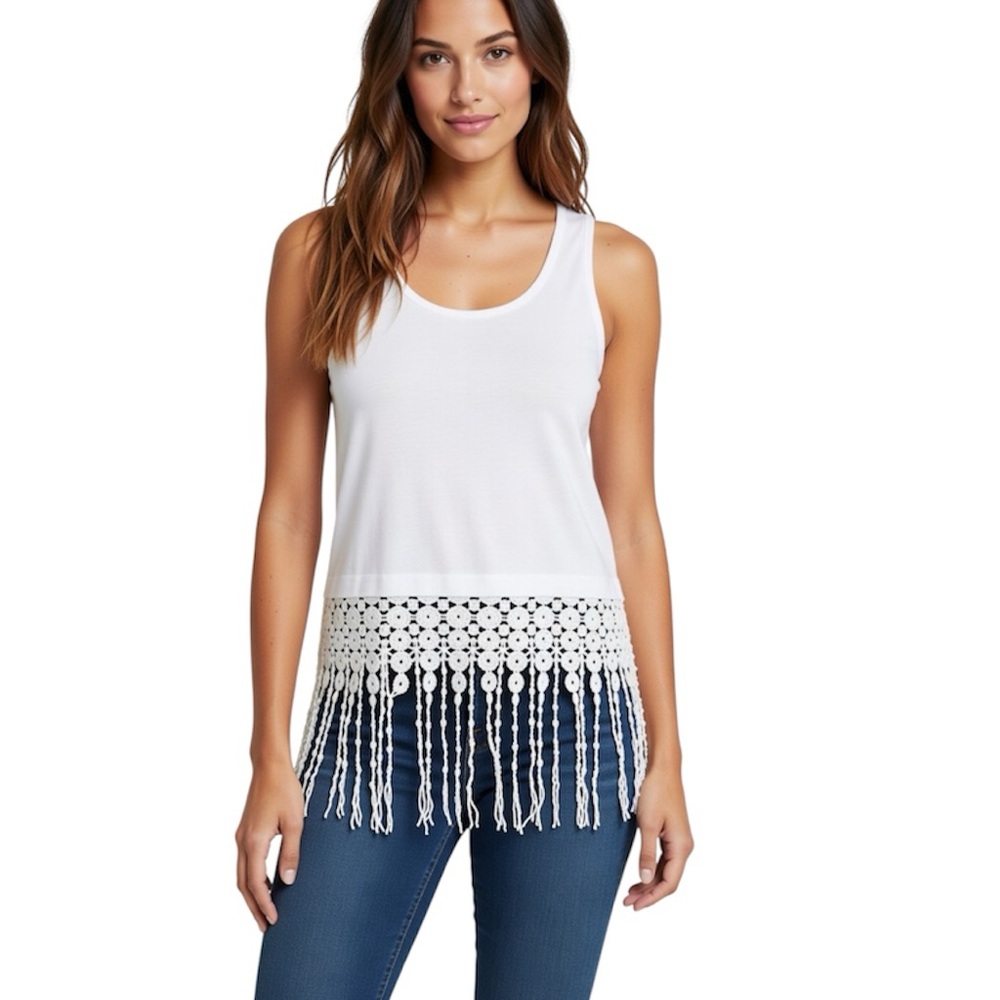 MONTEAU Cropped Lace Fringe Sleeveless Top